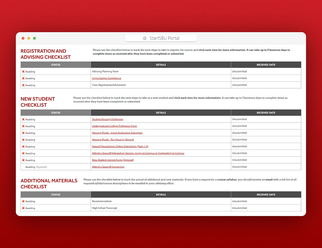 Screenshot showing the StartSBU portal checklist