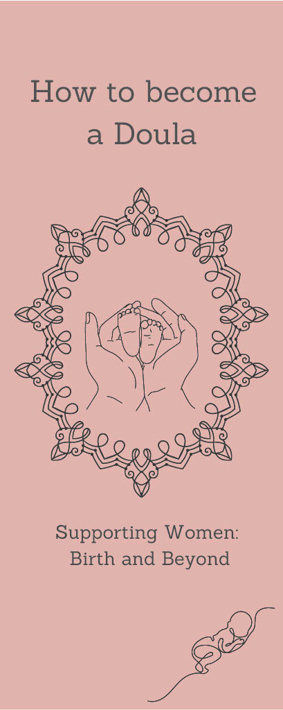 Pink background with drawing of baby cradled in hands