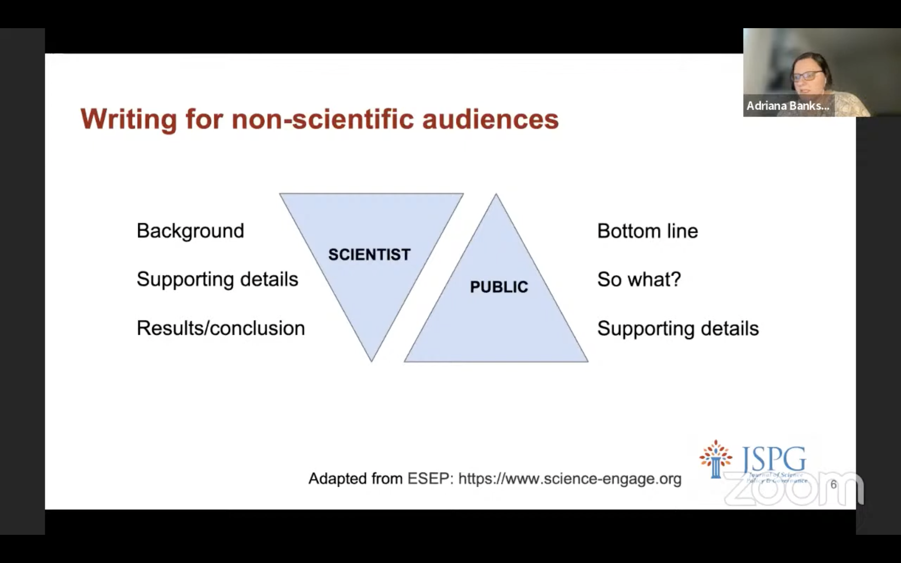 screen grab of presentation during webinar. graphic about writing for non scientific audiences