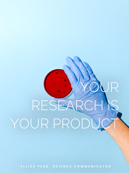 petri dish with hands and the quote "your research is your product"