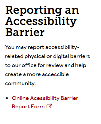 Screenshot of the the Accessibility Barrier link on ReportIt website