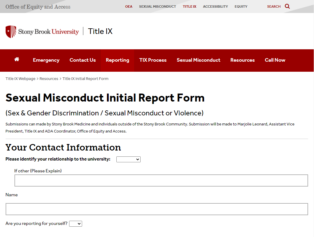 Screenshot of Sexual Misconduct Report Form