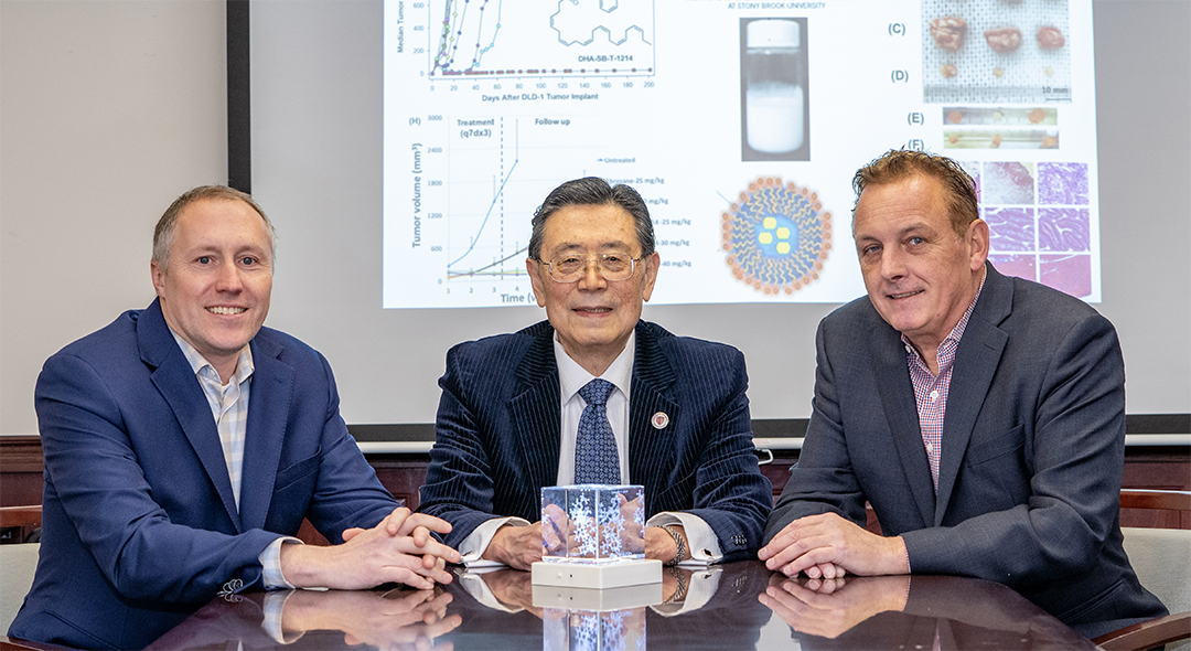 Dr. Iwao Ojima, center, developed a second generation taxane formulation that shows such promise to treat cancer that the compound has been licensed for product development. With Dr. Ojima are Sean Boykevisch, PhD, Director of Stony Brook’s Intellectual Property Partners, left, and James E. Egan, CEO of TargaGenix.