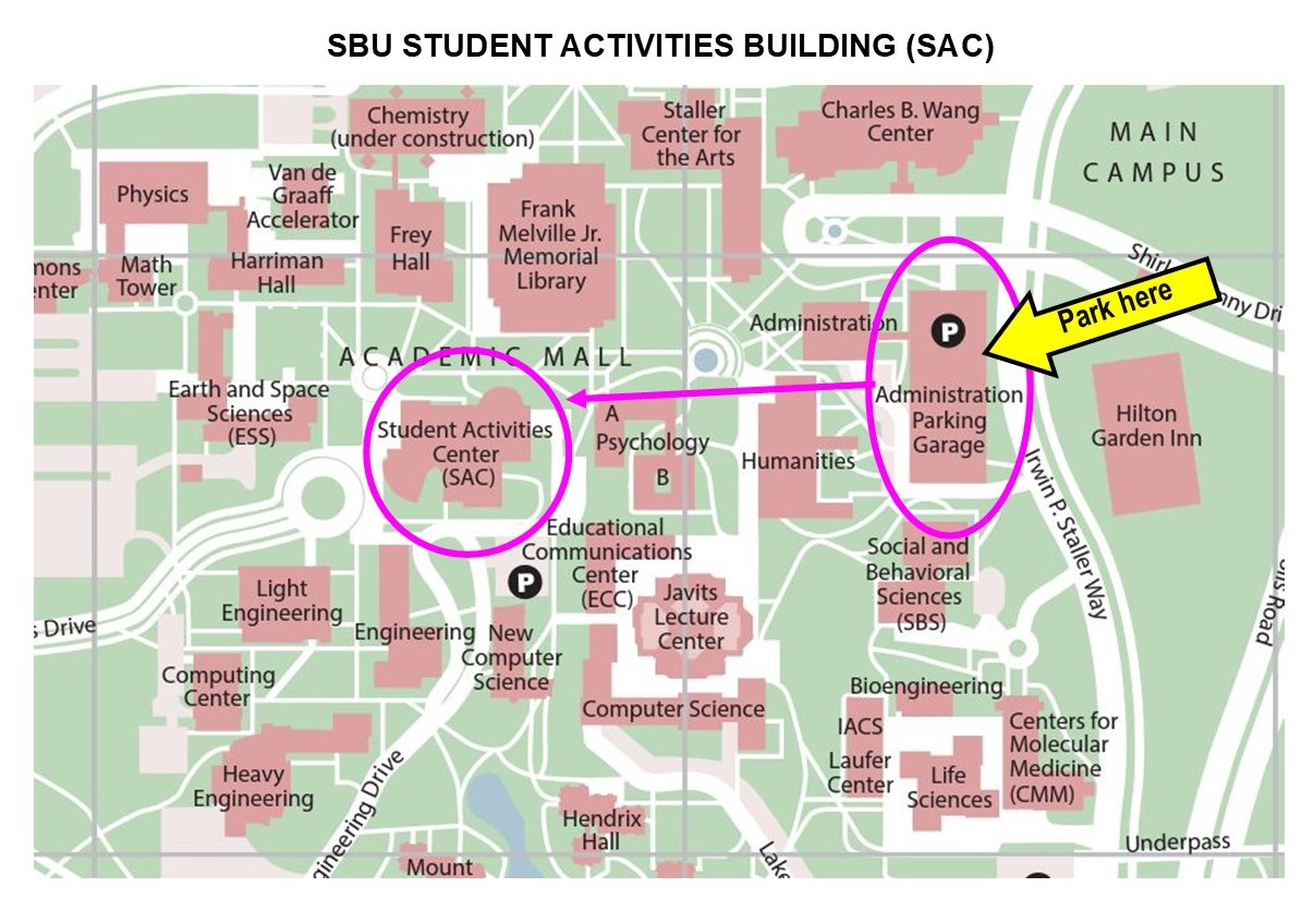 Map showing a path from the SBU parking garage to the Student Activities Center