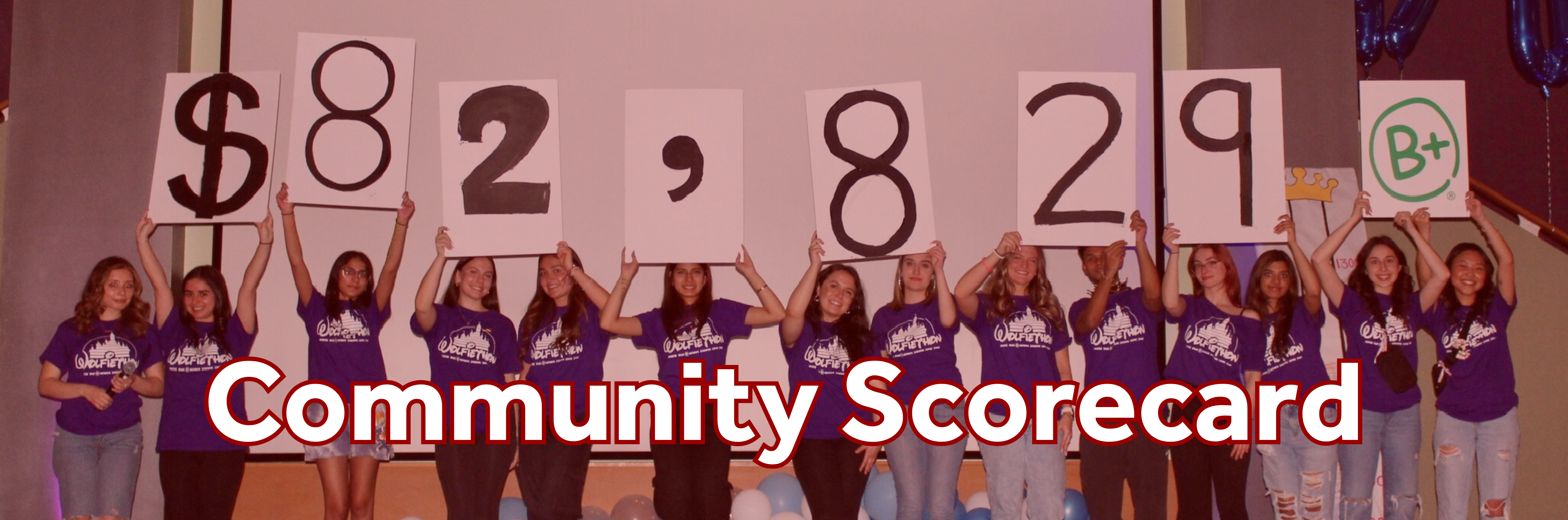 Wolfiethon Committee holding up the final fundraised numbers of $82,829. 