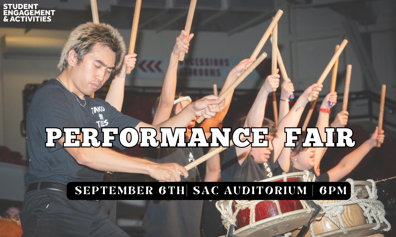 Student organization taiko tides pictured playing thier instruments. Text to show date of performance fair on september 6th, time of 6pm and location of sac auditorium