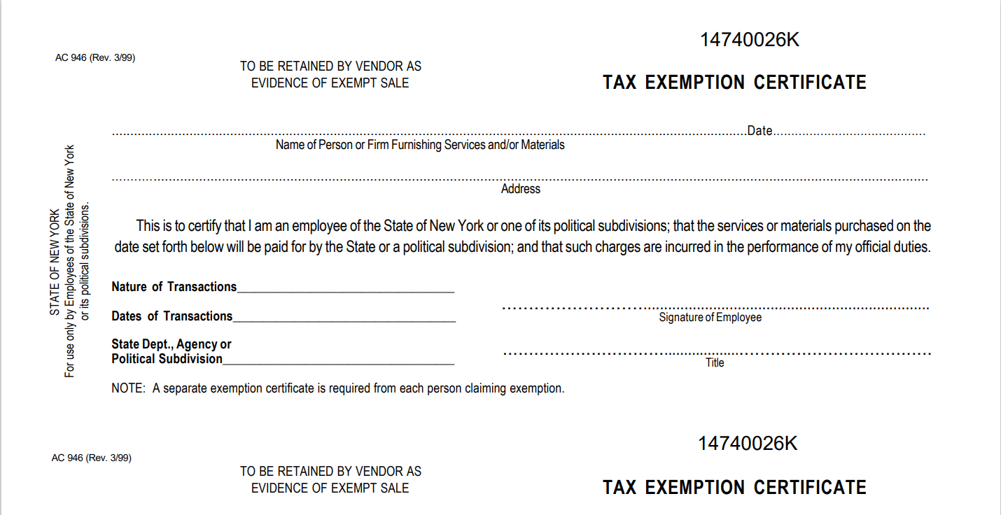 NYS Tax Exemption Certificate (AC946)