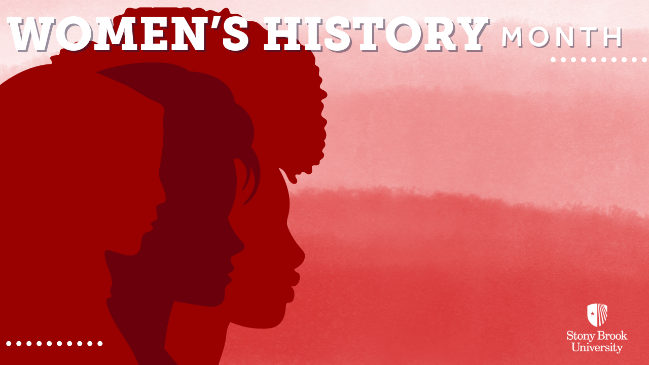 An image depicting three women's silhouettes in various shades of red, facing to the right. At the top, in white text, it says "Women's History Month"